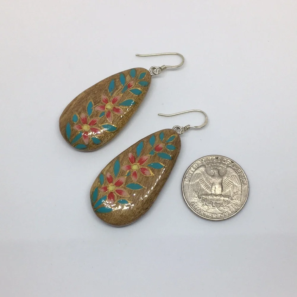 Hand Painted Walnut Wood Sterling Silver Teardrop Earrings Turquoise Pink Floral - Picture 5 of 8